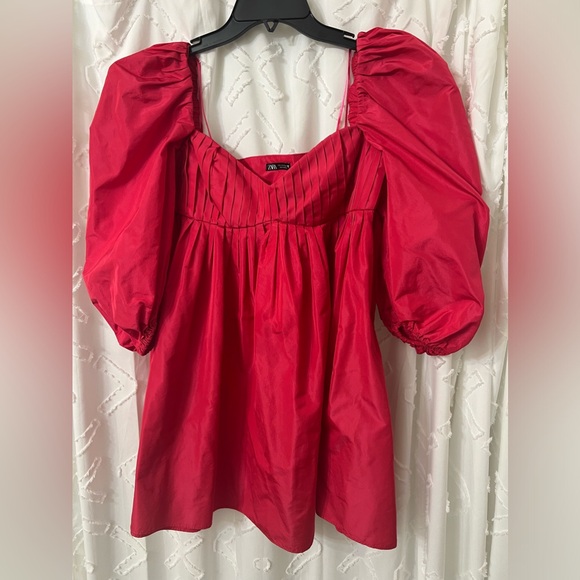 ZARA HOT PINK PUFF SLEEVES MINI DRESS SIZE S POCKETS ZIP WEDDING PARTY CRUISE - Picture 2 of 7